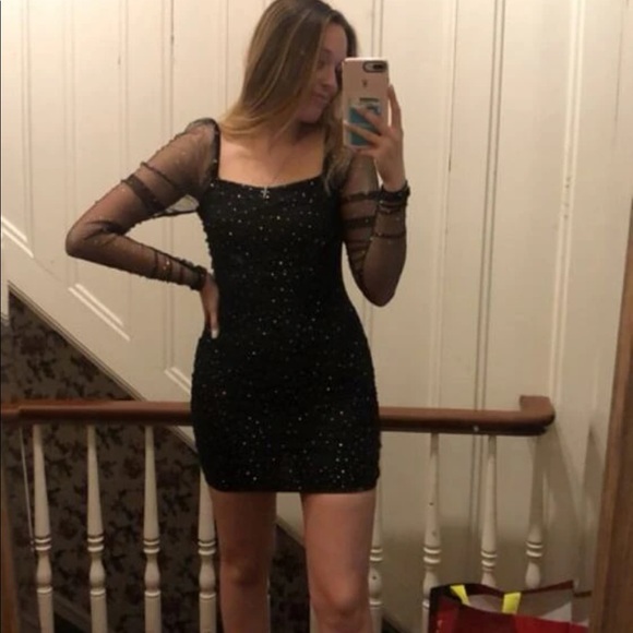 A6 - 311 Double crazy size med black long sleeve sheer & mesh rhinestone dress - Picture 6 of 15